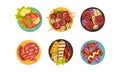 Grilled Food with Meat and Vegetables Rested on Plate Top View Vector Set