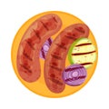 Grilled Food with Sausage or Wiener Rested on Plate with Sliced Vegetables Vector Illustration