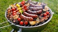 Grilled food. Various grilled products: Grilled sausages, meat and vegetable skewers, bacon and vegetables on the grill plate, out Royalty Free Stock Photo