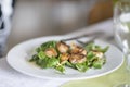 Grilled Fresh Scallop on salad. Closeup of seared scallops. Seafood from Normandia is delicious