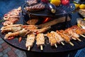 Grilled fresh seafood: prawns, fish, octopus, oysters food background Barbecue Cooking BBQ Royalty Free Stock Photo