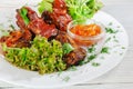 Grilled fried meat on a plate with salad and herbs, shish kebab in tomato sauce Royalty Free Stock Photo