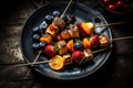 Grilled fruit pieces on wooden skewers, fresh kabobs, pineapple on a modern plate, summer food concept, bbq, generative AI Royalty Free Stock Photo