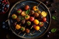 Grilled fruit pieces on wooden skewers, fresh kabobs, pineapple on modern plate, summer food concept, bbq, generative AI Royalty Free Stock Photo
