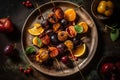 Grilled fruit pieces on wooden skewers, fresh kabobs, pineapple on modern plate, summer food concept, bbq, generative AI Royalty Free Stock Photo