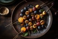 Grilled fruit pieces on wooden skewers, fresh kabobs, pineapple on a modern plate, summer food concept, bbq, generative AI Royalty Free Stock Photo