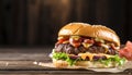 Grilled gourmet burger with cheese, tomato, and onion generated by AI