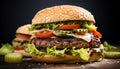 Grilled gourmet burger with cheese, tomato, and onion generated by AI