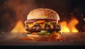 Grilled gourmet cheeseburger, fresh bun, melting cheese, juicy meat generated by AI