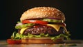 Grilled gourmet cheeseburger with fresh tomato on sesame bun, takeout meal generated by AI