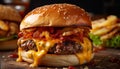 Grilled gourmet cheeseburger on rustic wood table with fries and salad generated by AI Royalty Free Stock Photo