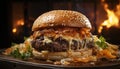 Grilled gourmet cheeseburger on a rustic wooden table generated by AI