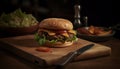 Grilled gourmet cheeseburger on wooden table with French fries and salad generated by AI Royalty Free Stock Photo