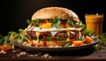 Grilled gourmet cheeseburger on a wooden table, ready to eat generated by AI Royalty Free Stock Photo