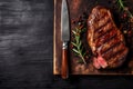 steak fried background raw grill meat beef red food dark board. Generative AI.