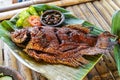 Grilled gurami or grilled gurame with red barbecue sauce, vegetables and chili sauce served on banana leaves