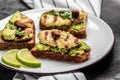 Grilled Halloumi cheese, avocado guacamole, arugula on roasted bread. Food recipe background. Close up