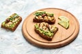 Grilled Halloumi cheese, avocado guacamole, arugula on roasted bread. Food recipe background. Close up