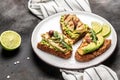 Grilled Halloumi cheese, avocado guacamole, arugula on roasted bread. Food recipe background. Close up