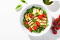 Grilled Halloumi Cheese with Cheery Tomatoes and Pesto with Arugula, Spinach, and Basil, Ketogenic Paleo Diet Lunch