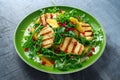 Grilled Halloumi Cheese salad with orange, rocket leaves, pomegranate and pumpkin seed. healthy food Royalty Free Stock Photo