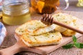 Grilled haloumi cheese with herbs on a cutting board Royalty Free Stock Photo