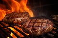 grilled hamburger meat while cooking on fire. Ai generative