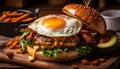 Grilled hamburger on wooden plate with fries generated by AI