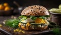 Grilled healthy burger on rustic wooden table generated by AI