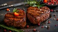 Grilled heart-shaped beef steaks, seasoned with spices, ideal for a Valentine\'s Day celebration