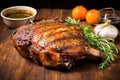 grilled honey mustard pork chop on rustic wooden table