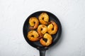 Grilled Honey Soy Shrimp, on frying iron pan, on white background, top view flat lay , with copyspace  and space for text Royalty Free Stock Photo