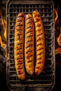 Grilled hot dogs on grill with flames in the backgroud. Generative AI Royalty Free Stock Photo