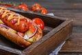 Grilled hot dogs with mustard, ketchup Royalty Free Stock Photo