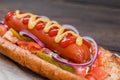 Grilled hot dogs with mustard, ketchup Royalty Free Stock Photo