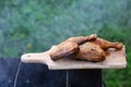 Grilled hot grilled chicken thighs on a grill on a wooden board with smoke around. outdoors. Free space for text Royalty Free Stock Photo