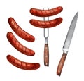 Hot sausages on a fork watercolor Royalty Free Stock Photo