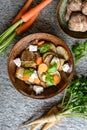 Grilled Jerusalem artichoke, eggplant, carrot, parsley root and kohlrabi with goat cheese