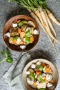 Grilled Jerusalem artichoke, eggplant, carrot, parsley root and kohlrabi with goat cheese