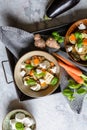 Grilled Jerusalem artichoke, eggplant, carrot, parsley root and kohlrabi with goat cheese