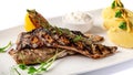 Grilled juicy mackerel, served with mashed potatoes, lemon, and tartar sauce. Microgreen. Modern pitch on a white tarekle