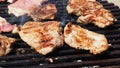 Grilled juicy meat pork steaks in burning coals on a barbecue grill, white smoke. Crispy crust. Tasty steak with Royalty Free Stock Photo