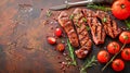 Grilled Juicy Sausages with Fresh Tomatoes, Rosemary, and Pepper on Rustic Table Background Royalty Free Stock Photo