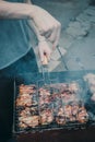Grilled kebab cooking on metal grill frame. Royalty Free Stock Photo