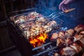 Grilled kebab cooking on metal grill frame. Roasted meat Royalty Free Stock Photo