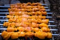 Grilled kebab cooking on metal skewer closeup. Royalty Free Stock Photo