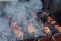 Grilled kebab cooking on metal skewer closeup. Roasted meat cooked at barbecue. BBQ fresh beef meat chop slices Royalty Free Stock Photo