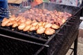 Grilled kebab cooking on metal skewer. Roasted meat cooked at barbecue. BBQ fresh beef chicken and pork meat chop slices. Traditio Royalty Free Stock Photo