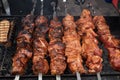 Grilled kebab cooking on metal skewer. Roasted meat cooked at barbecue. BBQ fresh beef meat chop slices Royalty Free Stock Photo