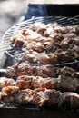 Grilled kebab cooking on metal skewer. Roasted meat cooked at barbecue. BBQ fresh beef meat chop slices. Traditional Royalty Free Stock Photo